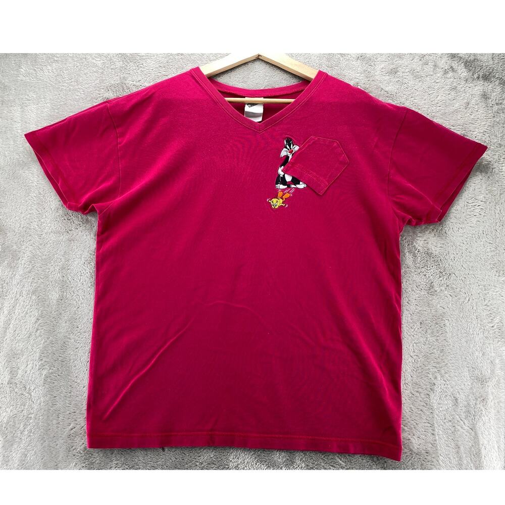 Looney Tunes Sylvester Tweety Shirt Men’s XL Pink Pocket V Neck Y2K Cartoon Tee